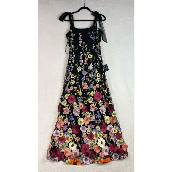 Lulus Thriving Poise Black 3D Floral Embroidered Tie-Strap Maxi Dress Size L NWT - Picture 10 of 15